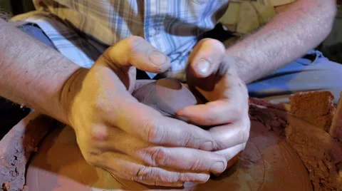 Pottery workshop, potter's wheel, close up, male hands Stock Footage 67882126