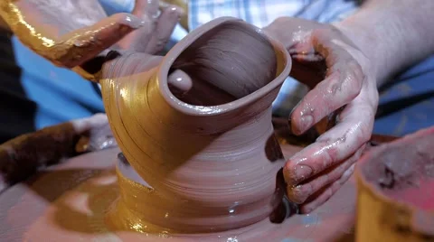 Pottery workshop, potter's wheel, close up, male hands Video stock 67882134