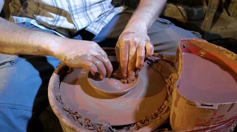 Pottery workshop, potter's wheel, close up, male hands Stock Footage 67882159