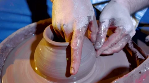 Pottery workshop, potter's wheel, close up, male hands Video stock 67882222