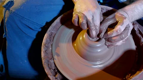 Pottery workshop, potter's wheel, close up, male hands Stock Footage 67882264