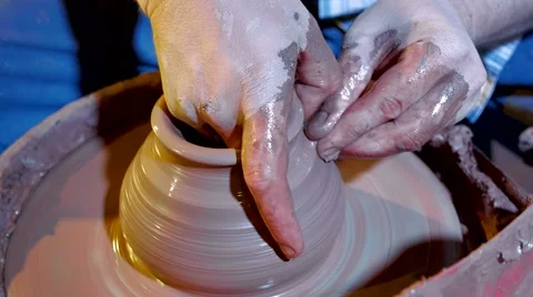 Pottery workshop, potter's wheel, close up, male hands, slowmo Stock-Footage 67882323