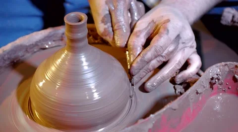 Pottery workshop, potter's wheel, close up, male hands, working process Stock Footage 67882484