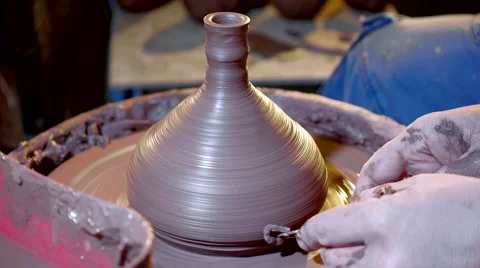 Pottery workshop, potter's wheel, close up, male hands Stock Footage 67882496