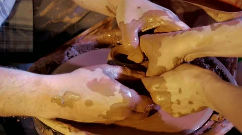 Pottery workshop, potter's wheel, close up, hands, working process Stock Footage 67882531
