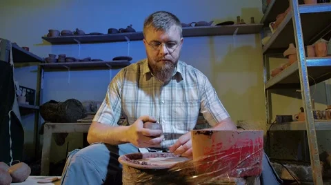 Pottery workshop, potter's wheel, medium shot Stock Footage 67882039
