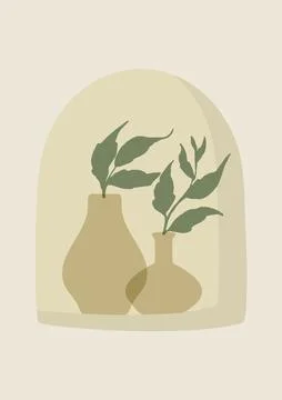 Pottery workshop vector drawing with vases and branch. Aesthetic illustration Stock Illustration
