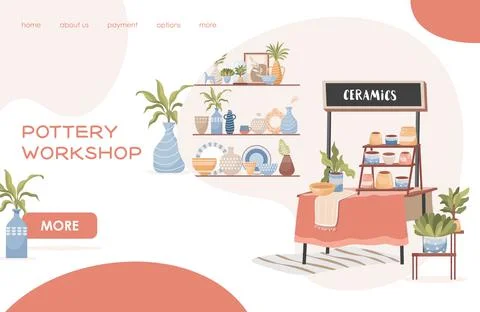 Pottery workshop vector flat landing page template. Handmade pottery, porcelain Illustrazione stock