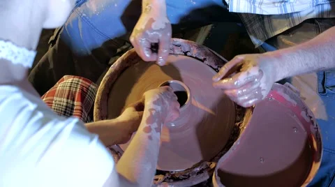 Pottery workshop, working process, close up, hands, handheld shot Stock Footage 67882570