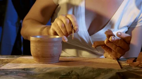 Pottery workshop, working process, close up, female hands Stock Footage 67882650