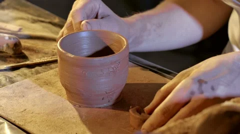 Pottery workshop, working process, close up, hands Stock Footage 67882676