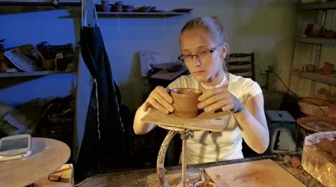 Pottery workshop, working process, female, medium shot Stock Footage 67882662