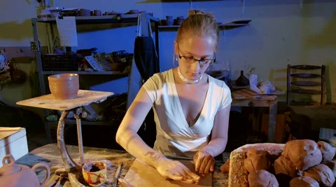 Pottery workshop, working process, female, medium shot Video stock 67882675