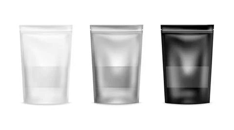 Pouch bag package. Clear white, aluminium and black packaging mockup. Kraft c Illustrazione stock