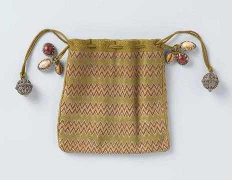 . Pouch, embroidered with zigzag pattern (point d hongrie) in green, white... Stock Photos