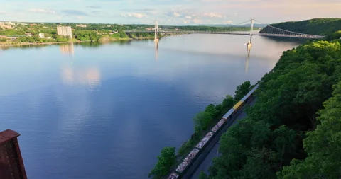 Poughkeepsie bridge spanning across the Hudson River Stock Footage 340348990