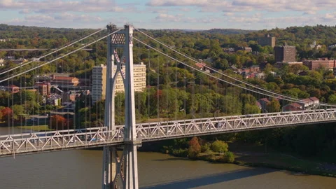 Poughkeepsie City Through Mid-Hudson Bridge Reveal Stock Footage 329819873