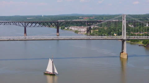 Poughkeepsie Mid-Hudson Bridge New York Sailboat Medium Stock Footage 329813064