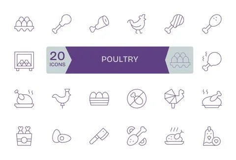 Poultry Comprehensive Vector Bundle with 24 Grid Fitted Thin Line Retina Re.. Stock Illustration