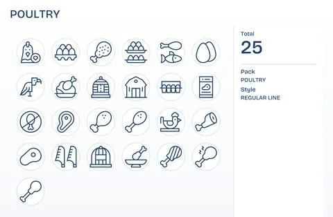Poultry Exclusive Vector Set featuring 25 Regular Line Editable 128x128 Icons Stock Illustration
