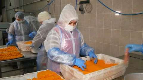 Poultry farm workers make chicken schnitzel in breadcrumbs. Stock Footage 185422894