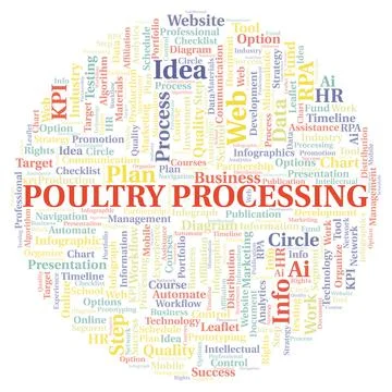 Poultry Processing typography word cloud create with the text only. Illustrazione stock