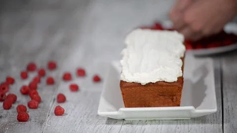 Pound cake with fresh raspberries. Raspberry Cake for holidays. Stock Footage 108377259