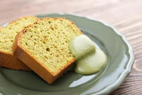 Pound cake with tea matcha Stock Photos