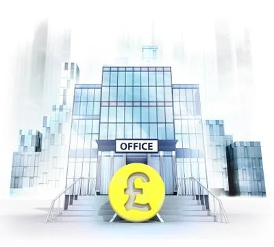 Pound coin in front of office building as business city concept render Stock Illustration
