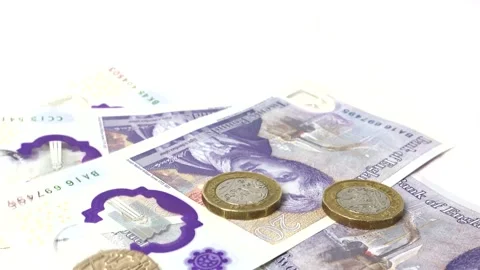 Pound Coins Dropping On To Notes, Lots Of Money, Pound Sterling 스톡 동영상 132356747