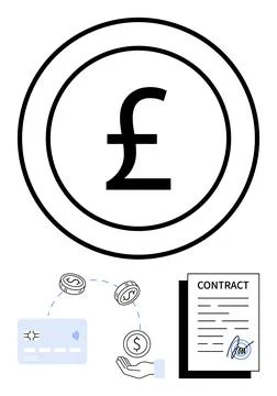 Pound currency symbol with transaction elements, including card payment and Stock Illustration