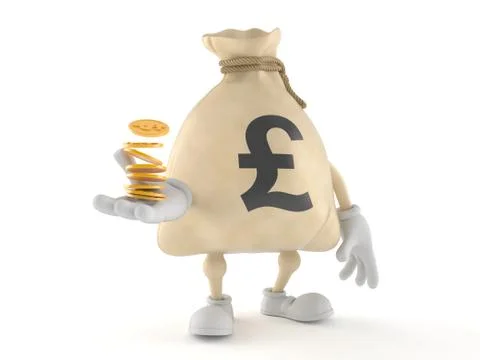 Pound money bag character with stack of coins イラスト素材