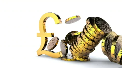 Pound sign hits stack of pound coins ani... | Stock Video | Pond5