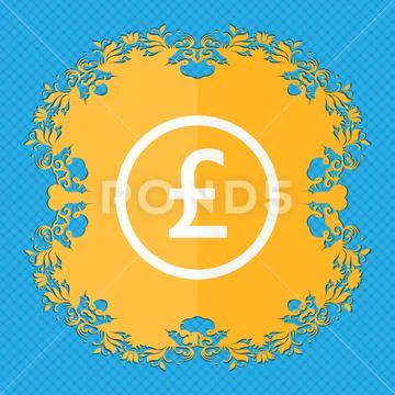 Pound sterling icon sign. Floral flat design on a blue abstract background with Stock Illustration