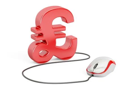 Pound sterling symbol with computer mouse. Make money online concept, 3D il.. 库存插图