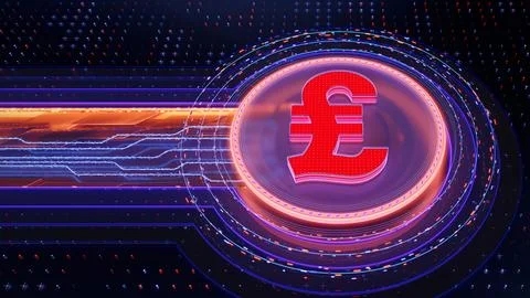 Pound symbol on abstract dark technological background. Currency coin Illustrazione stock