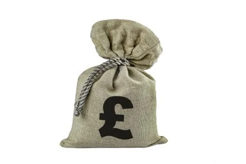 Pound, the symbol of currency is applied to a filled textile bag, isolate. Stock-Fotos