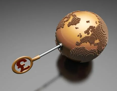 Pound symbol key opens the earth, global economic development Illustrazione stock