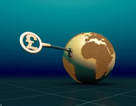 Pound symbol key opens the earth, global economic development Illustrazione stock