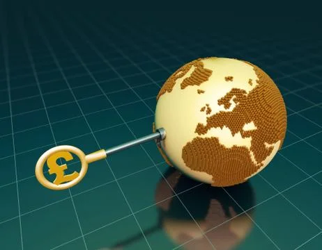 Pound symbol key opens the earth, global economic development Illustrazione stock