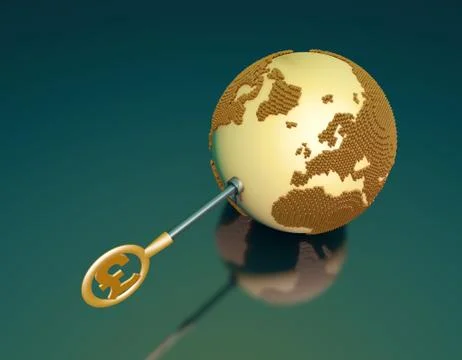 Pound symbol key opens the earth, global economic development Illustrazione stock