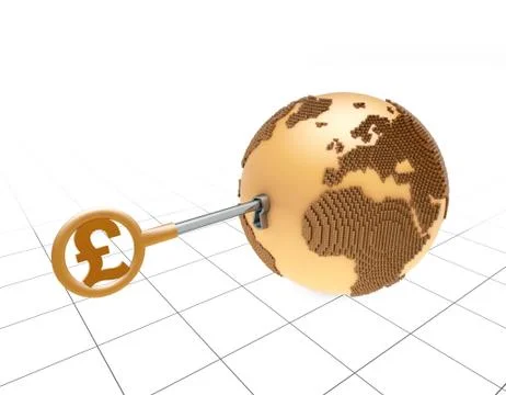 Pound symbol key opens the earth, global economic development Illustrazione stock