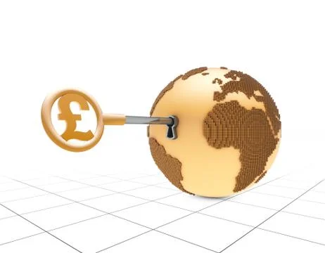 Pound symbol key opens the earth, global economic development Illustrazione stock