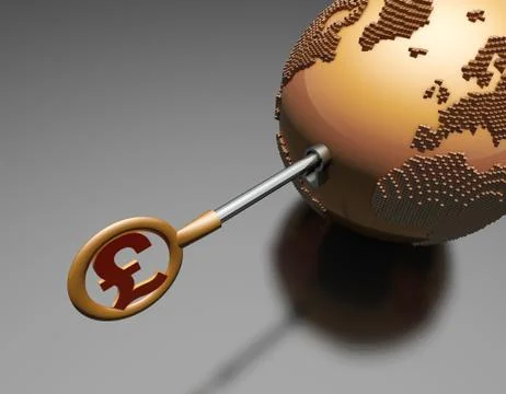 Pound symbol key opens the earth, global economic development Illustrazione stock