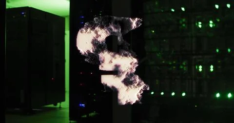 Pound symbol spinning against computer server room in background Stock Illustration