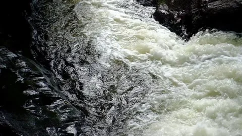 Pounding waterfall - High angle, very slow pan - Slow Motion Stock Footage 244362074