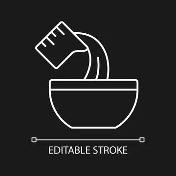 Pour cooking ingredient white linear icon for dark theme Illustrazione stock