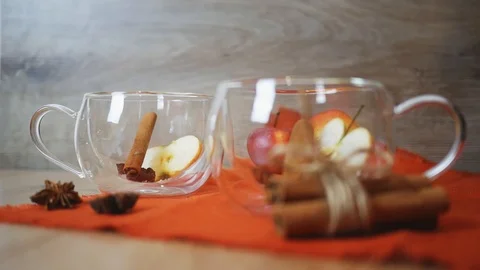 Pour in cup apple Cider Drink, Juice, Punch, Tea with Spices, Cinnamon sticks Stock Footage 121583550