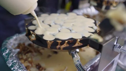 Pour Dough Waffle Maker Machine Sweet Baked Snack Stock Footage 107565406
