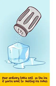 Pour ordinary table salt on the ice if you're want to melting ice cubes. Stock Illustration
